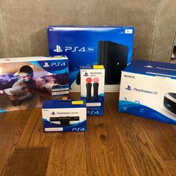 PS4 Pro 1TB with Controller
PSVR Headset
PS4 Camera
VR Move Controllers
VR Aim Controller

All in excellent condition, everything re-boxed as new.