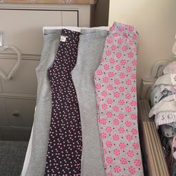 2 pairs of grey leggings.100% soft stretchy cotton.as new condition from Primark.1 pair dark grey leggings with baby pink and black small heart print.100% soft stretchy cotton from H&M good condition.1 pair pyjama bottoms by LOL.100% soft grey cotton and pink print.new condition Great Bargain £3.00 no offers