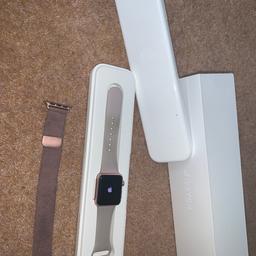 Apple Watch Series 2
Rose Gold Watch with Lavender Sport band and Rose Gold loop band
Amazing condition
Comes with Charger and original packaging 
Slight discolouration on the band as shown in the image but not noticeable once on
Only selling due to buying a newer version
Paid £400
Open to reasonable offers
Delivery cost dependent on location
