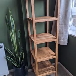 Nice wooden shelving unit with 5 shelves. Nice for plants, towels or to organise desk stuff / filing boxes.

Height 138.5 cm
Width/ depth 37cm