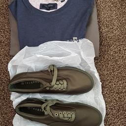 Full length Khaki cargo pants that unzip to become shorts. Ted Baker navy top with front pocket  (size 2) Medium. Size 8 Khaki lace ups. All new. Pick up Kirkby.