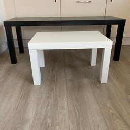 A set of 2 tables from Ikea. A very small scratch on the black table as pictured but hardly noticeable. Both tables are in great condition and have hardly been used. Selling due to moving house. The legs come off both by simply unscrewing so can be easily moved.
Size - large black table - L120cm x W40cm x H45cm
Size - small white table - L60cm x W40cm x H35cm