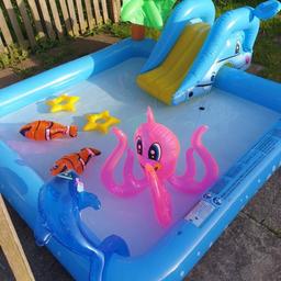 Kids swimming pool family
Summer fun
Comes with everything in the picture except slide is popped but could be fixed 
Only used Once