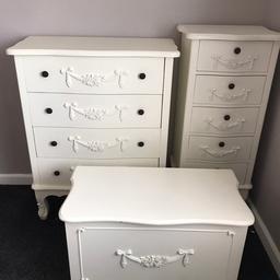Selling due to moving. 3 piece furniture set from Toulouse Dunelm range.
Including a chest of draws, tall boy draws and a trunk. (Trunk is sold out and cannot be found on Dunelm website now)

All items together come to £377. Asking price £250. All items in great condition. Minor wear displayed in photos.

Collection only please. Need gone ASAP!
Only 4 photos posted. But have more On request

￼ Dimensions-
Chest of draws - H99cm W80cm D40cm
Tall boy - H107cm W47cm D37cm
Trunk H48cm W75cm D36cm