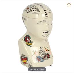Phrenology Tattoo Jar by Temerity Jones. This comes in a quirky storage jar features colourful vintage tattoos and is 30 cm height.

Dimensions: H30cm X W19 cm X D16cm

Weight: 1381 g

Material: Ceramic