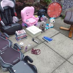 smoke free home collection only from long eaton ng10 just off junction 25 of the m1. grab a bargain. 4 x carbooster seats.... 1 x car seat ...1 x unicorn money box....11 x DVDs...1 x brand new phone case.... 1 x cat collar and harness...1 x magnifying light. 1 x Fisher kids seat works fully.. 1 x garden box.... 5 x teddy's... 8 x empty fishing pole rigs...1 x desktop lamp brand new still in box.. 1 x large clock just needs a new battery... 1 x foot stool. ideal for carbooters