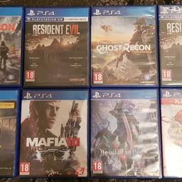 i have 12 ps4 games for sale 2 are resident evil games are the same some of the best titles and all are in exellent condition want £250 for all ono 
titles are:
rainbow six siege 
dying light
tom clancy the division 
a way out
resident evil bio hazard ×2 vr mode aswel 
mafia 3
tom Clancy ghost recon wildlands
devil may cry 5
street fighter
metal gear solid ground zeroes
killzone shadow fall