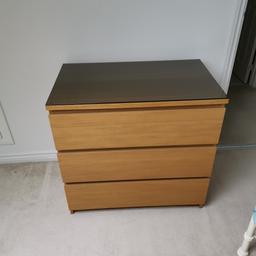 Chest of drawers and a bedside drawer both come with removable glass tops as you can see in one picture. I'm only selling because we moved house and do t have the room. Sizes are 80 x 78 cm   and  40 x 55 cm they are in immaculate condition from a smoke free house and the colour is oak vaneer. Collection only