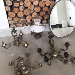 4 Antique Brass chandelier light fittings, which have been removed by an electrician and we’re all fully working before being removed. They all need a good clean. Also a vintage mirror with wear & tear around the edges. Ideal for a restoration project.