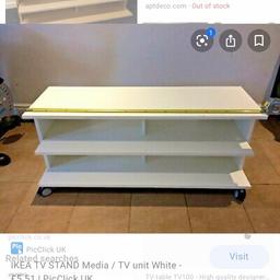 Selling our white Ikea tv stand!! Very good condition!!! 
Length 118 cm
Hight 43 cm
Depth 38 cm

I don’t have the wheels for underneath the tv stand anymore!!!