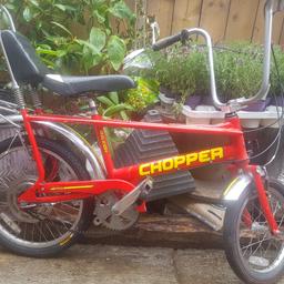 Raleigh chopper mk3 in good condition 
chrome work is good but rear mudguard' has a little dent 
it's got the wrong back tyre on it as other was  misplaced by the dog when changing a puncture so put a new bmx tyre on it

I'm Whitby North Yorkshire area 
UK mainland postage available at cost