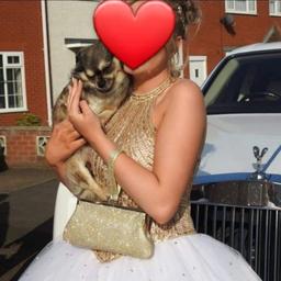 white gold prom dress tiny rip ever at bottom but cant tell as its fluffy unnoticeable was £400