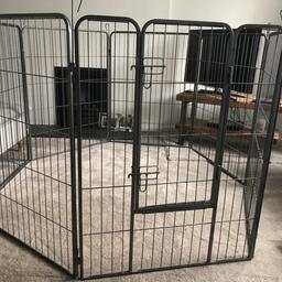 Heavy duty dog/pet foldable metal playpen.
Consists of eight heavy duty metal panels
Can be set up as a rectangle, square or octagon
One door panel with two bolt latches
Can be used with all eight panels or less to achieve the required size playpen.
Folds flat for ease of storage and transportation
Each panels is 80cm(W) and 100cm(H)

Used item but in great condition.

Collection from Stone, Staffordshire only.