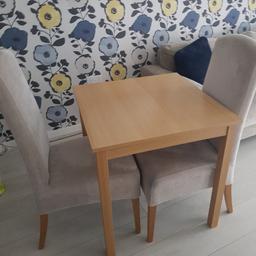 john lewis table & 2 next chairs. 

table has a mark on it as shown in pic & chair has couple of mark's on when you look closely. 

other than that in excellent condition.

paid £160 for chairs from next & £100 for table from John Lewis.

no longer needed as moving home and need a bigger dining set now. 

needs to be gone before end of next week