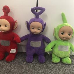 Set of 3 talking Teletubbies soft plush toys - Tinky Winky, Dipsy and Po. All in excellent condition and from a smoke free home, but unfortunately Tinky Winky seems to have run out of batteries and it doesn’t look like they can be replaced.