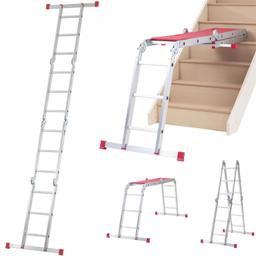 12 in 1

Features include a removable, slip-resistant aluminium work platform and a simple click-lock hinge system. The maximum extended length of 3.38m as an extended ladder, and a top platform height of 0.97m. The ladder is also easily foldable for convenient transportation and storage.

Compact folded dimensions for easy transportation and storage
Removable, slip-resistant work platform
Stabiliser bar for extra stability
Simple Click-Lock hinge system
Suitable for a wide variety of uses