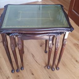 Queen Anne style mahogany nest of tables with glass inserts. Set of 3. Sturdy and heavy. Size as follows:

Largest table size: H 55cm x W 55cm x L 42cm

Collection from Chislehurst. Can deliver within a few miles radius.