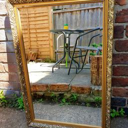 Beautiful heavy large Cut glass mirror in Vintage style Golden coloured frame. Fab condition, would look amazing in any home and would brighten up any space. Size approx 37 inches or 94 cm by 25 inches or 64 cm. Have look at the pictures for more details, any questions feel free to ask.  Thanks for looking .