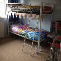 White metal bed frame shorty bunk beds. Slightly smaller than single. Comes with 2 mattresses 
Collection ASAP dy11