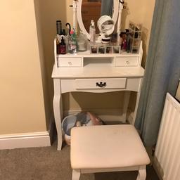 Hi,

Selling a used dressing table & stool.

White. With marks. Unable to remove.
Stool has marks in fabric, also unable to remove.

Redecorating so looking to sell.

Can not deliver so will need to be able to collect.

Any questions, ask. Open to sensible offers.

Thanks