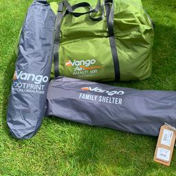 Vango Amalfi 600 Airbeam Tent with footprint and additional family shelter. Tent & Footprint used once. Family shelter never used. 
Great family tent, very easy to pitch. Pump and pegs included.