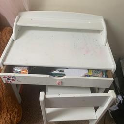 Desk has no broken bits it's very decent conditions, being in use it's got pen marks buyer can repaint it.It will look as good as new comes with the chair drawer works perfectly alot of space for papers and pens