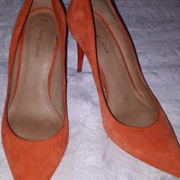 Gorgeous orange- paid around £45, worn once with an outfit but a little too high for me.

Full suede. Just under 4" heel