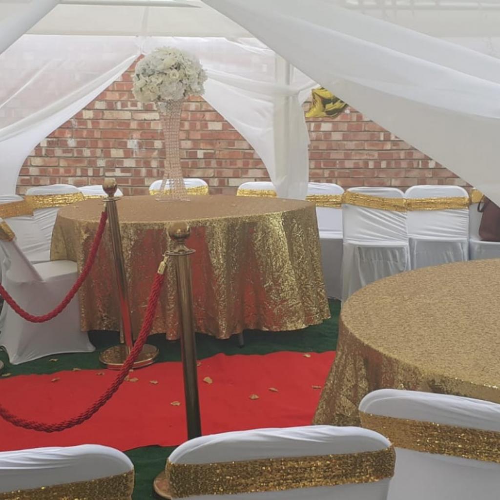 Marquee for hire.

Use this Marquee to secure yourself a birthday party, family get together, barbecue and wedding for family and friends.

Decoration is available on your request for extra fees.
4×10m
4x8m
 4 × 6 m
4×4m
3×6m
3×3m
and many other sizes available on your request.

Wedding sofa

chairs £1.50 each

Round table £12 each

6ft table for 6 to 8 people £10

4ft table for 4 to 6 people £7

Table cloth £7

sequin and rosette table cloth and £10 each

chair covers £1 each
chaffing dishes set £10
Burner ( Chaffing dishes gel) £2 each
Final quotation will depend on your postcode

£25 refundable deposit to be paid into my account before your booking.

£50 refundable deposit to be paid into my account before your booking when collecting the chairs or tables.
Please Marquee are not for collection. Delivery , set up and dismantle only

Delivery price for the chairs depends on your postcode
flooring
lighting
heaters
Message or call me on
07496619018 for your booking.

Thanks
Theresia