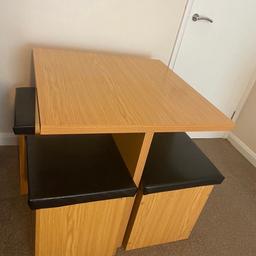 SQUARE TABLE WITH STORAGE CUBE CHAIRS LEATHER TOPS ALL IN GOOD CONDITION. THERE IS EXTRA STICKERS TO COVER THE SCREWS. MEASURES AT HEIGHT OF TABLE 76cm
LENGTH 80cmRIGHT ACROSS
CHAIRS HEIGHT 48cm
Length right across 41cm . COLLECTION FOR THIS ITEM OR CAN DELIVER LOCALLY FOR SMALL CHARGE .