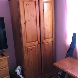 Pine child wardrobe with chest of drawers, bedside table and desk, bedside table and desk do have some markings £60 ono collection from Earl Shilton