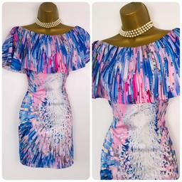 Dolls Paris Summer Bodycon Dress size 10 12 M/L
Excellent Condition 
Multicoloured Stretch Fabric 
Frilled Off Shoulder Neckline
Unlined
Pullover Style 
Machine Washable 
Length ...32”
Pit to Pit...16”
Waist ..28”
Hips...32”
Can Post up to 2kg for £4.10 which is approx 3/4 dresses
Smoke and Pet Free Home...
PayPal,Cash,Bank Transfer,Card