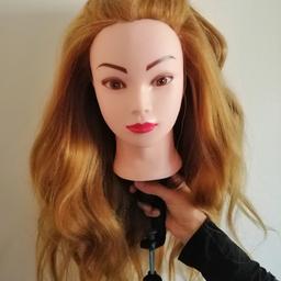 This item is in good condition and has no damage, it has been used at maximum of 10 times and can handle straightning, curling, braiding, cutting and setting. You can attach it to the table with the black thing in the picture. You can do makeup on it too. The hair can be washed with shampoo and blow dryed but do not blow hot over 120 degree temperature on the hair. It has 30% to 50% real human hair and you can use for perming.