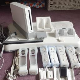 wii console and all.wires
console
wii fit board
zumba belt and game
4 controllers and skins
2 x double docking station
11 games
3 nunchuks
excellent condition collection s5