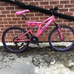 Pink dunlop full suspension mountain bike rides fine just needs a new gear cable to change gears whilst riding but has new tyres on it with plenty of life left in them.
24inch tyres