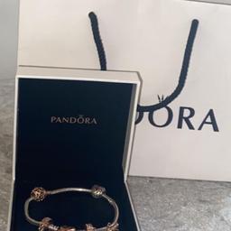 Genuine pandora moments heart clad snake chain bracelet with 3 charms and safety chain

comes with rose gold bow charm, Clear pave safety chain clip charm, pandora ruby charm, hearts all over charm 

Comes with box and bag and in excellent condition as only used couple of times