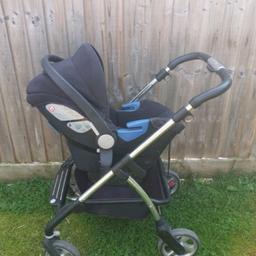 black silver cross simplicity carseat and silver pioneer chassis with carseat adaptors. used good condition. slight wear on the leather handle reflected in price 