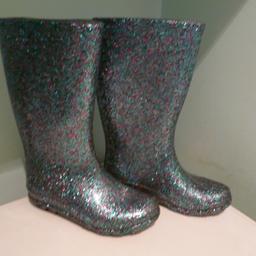 SIZE 13 - by TU,  dark green , blue & red glitter Welly boots has had very little wear so plenty of use left in them.