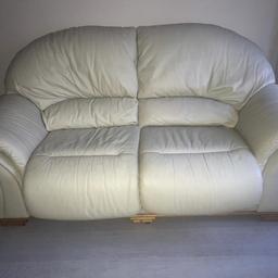 50.00 each
Two cream leather sofas 2 seaters
All removable back and seat cushions 
Pet free smoke free home
Wooden base
190 length
Back height 1 metre 
Seat height 50cm
Seat depth 60cm
Depth 1 metres
Comfy and sturdy