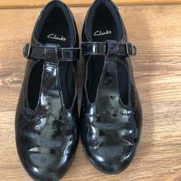 Girl’s Clark’s black patent T-bar style leather shoes size 4F (Eur 37) with Velcro buckle fastening. Bought at Feb half-term for £44 and worn for 4 weeks! Have always been worn with insoles. Selling as now gone up 1/2 size. Grab yourself a bargain as like brand new shoes. Clark’s school pumps size 4F also available like new.Collection only from Dudley DY1 - sorry no delivery or posting. Check out my other items.