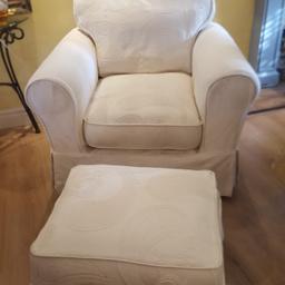 large comfy armchair in ivory/oream colour
All fabric is removable for machine washing on both the footstool and chair, bought from Dfs chair in excellent condition, no damage stains or wear, the foot stool has a small  area of wear - it also opens for storage 
Collection WS9