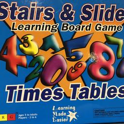 Learning Board Game Times Table Stairs and Slides! 
Ages 5 to Adults
Players 2 to 6
Best way to teach kids times tables! 
Learn times table while playing and enjoying! 
All pieces are in the box and in very good condition. 
Collection Only