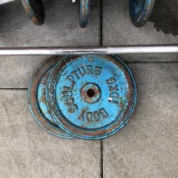 Cast iron weights with bar and 2 dumbbells