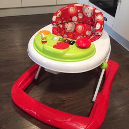 Used but very good condition. Musical activity tray. Adjustable height. Padded seat for comfort.