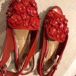 Lovely red/orange flowered flat sandal with heel strap. Worn once on holiday. From smoke free home, collection from Swallownest