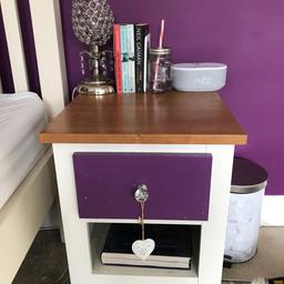 Bedside table
58cmH x 43cmW x 45cmD
Drawer has been painted purple and is a bit chipped
Selling matching bookcase


Also selling bed, bookcase, desk and chair so can offer bundle price.