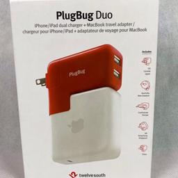 Brand new in sealed box

PlugBug Duo iPhone/iPad/dual USB charger and MacBook travel adapter.

Creates all-in-one charger for MacBook and 2 additional USB powered devices including iPad, iPhone and Apple Watch (other USB devices can be charged).

2.1 Amp USB charger provides fast charge to iPad or iPhone.

Includes 5 AC plugs to convert to fit most global electric outlets.

Works with Apple MagSafe and USB-C power adapters and any USB charging cable.