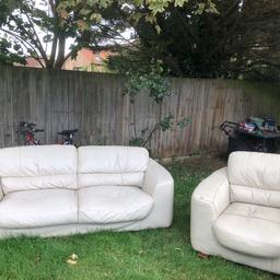 100% real great quality cream leather. 
3 seater sofa and 1 seater armchair included. 
In good condition. Only small hole as shown in photo. 
Has not been kept outside, just had to move around for sofa swap. 

*FREE*
