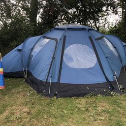 Fantastic family tent with 2 separate sleeping pods. Sleeping pods, big enough for king size bed or 2/3 singles. Internal family area, with space for inside cooking, table and chairs and storage. Comes with extendable porch and fly netting. Complete with reflective guide ropes etc. Easy to put up with 5 colour coded poles and repair kit.Genuinely only used 4 times and only selling due to downscaling (too big for us). Excellent condition. Snap up a bargain.