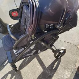 Double pushchair and car seat in great condition. has a few scratches on it. Car seat attaches to back seat of the pushchair. comes with raincover which has small tear in it but does not affect use.