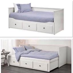Selling an Ikea hemnes day bed, slides from a single to a double when required and comes complete with both mattresses. Also 3 large built in drawers.

Very popular one from Ikea, can be used as a sofa, single bed and a double bed so ideal for teenagers or spare rooms. 

This is a few years old but still in good used condition. There are a couple of small pin holes on one side of the top. The black handles have been changed to red ones.
Collection from Tamworth or local delivery for a fee